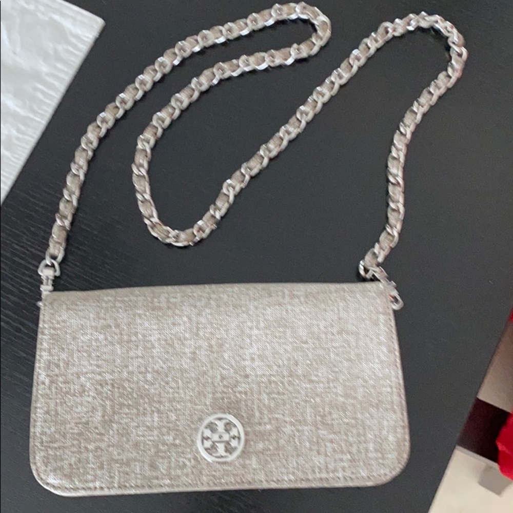 Tory Burch silver clutch and crossbody
